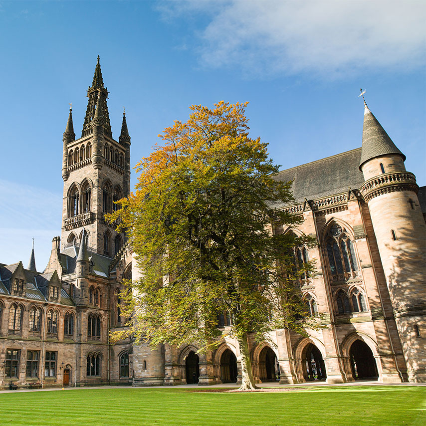 University of Glasgow quadrangle with tower and autumn tree